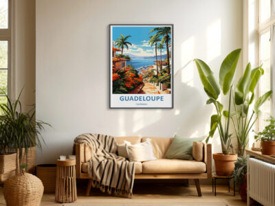 Cozy room with Guadeloupe poster and greenery.