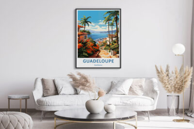 Stylish living room with Guadeloupe Caribbean poster.