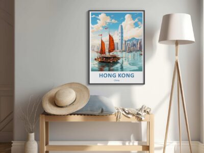 Hong Kong poster, sailboat and skyline in room.