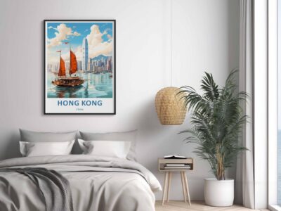 Bedroom with Hong Kong skyline poster and plants.