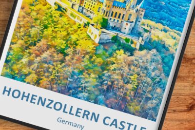 Artwork of Hohenzollern Castle surrounded by vibrant trees.