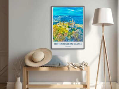 Hohenzollern Castle poster in cozy room setting.