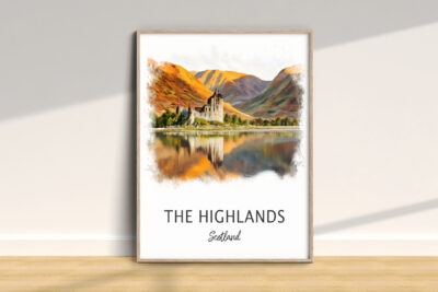Highlands Scotland poster with castle and mountains