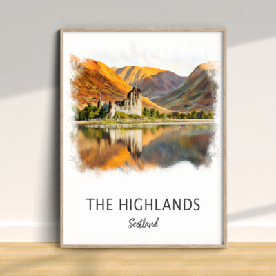 Highlands Scotland poster with castle and mountains