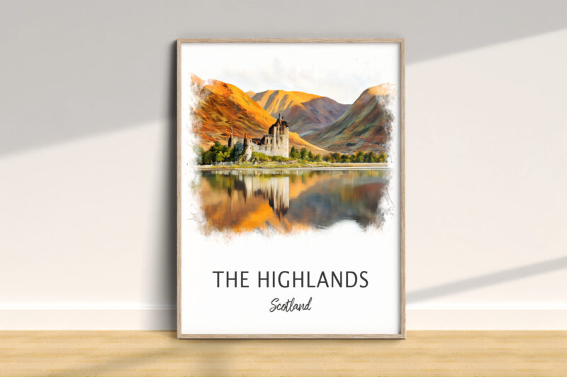 Highlands Scotland poster with castle and mountains