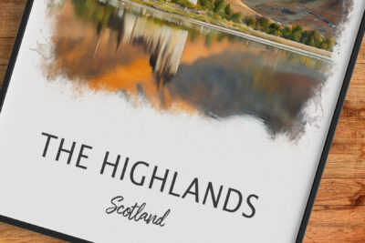The Highlands scenic watercolor painting, Scotland.