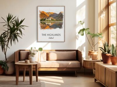 Cozy living room with Highland landscape art.