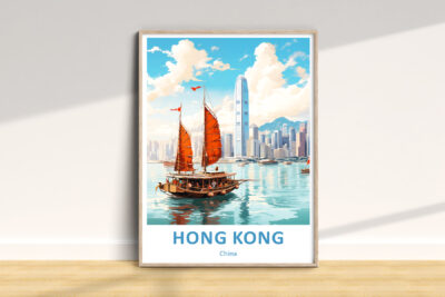 Illustration of Hong Kong skyline with sailing junk