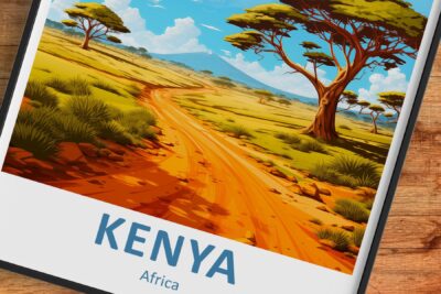 Kenyan savanna landscape illustration on tablet screen.