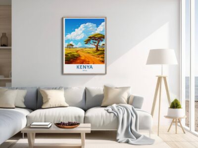 Living room with Kenya poster, sofa, and lamp.