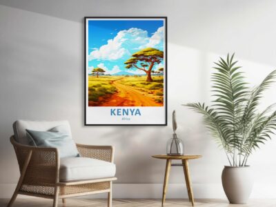 Framed Kenya poster in stylish home interior