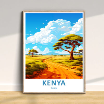 Colorful Kenya landscape poster with acacia trees.