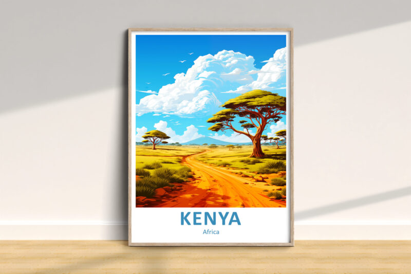 Colorful Kenya landscape poster with acacia trees.