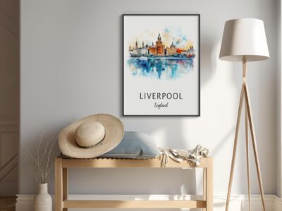 Liverpool skyline watercolor art in modern room.