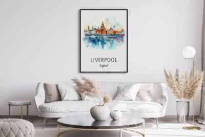 Framed Liverpool skyline art in modern living room.