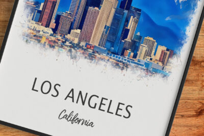 Watercolor Los Angeles skyline art print.