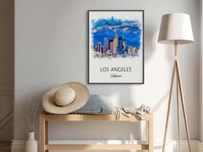 Modern decor with Los Angeles cityscape poster.