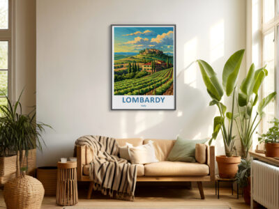 Cozy living room with Lombardy Italy poster.