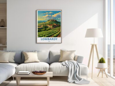 Modern living room with Lombardy landscape poster.
