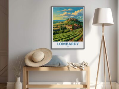 Lombardy Italy travel poster in modern interior.