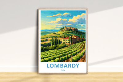 Colorful poster of Lombardy vineyards and hills.