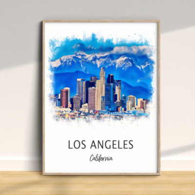 Los Angeles skyline watercolor painting, framed.