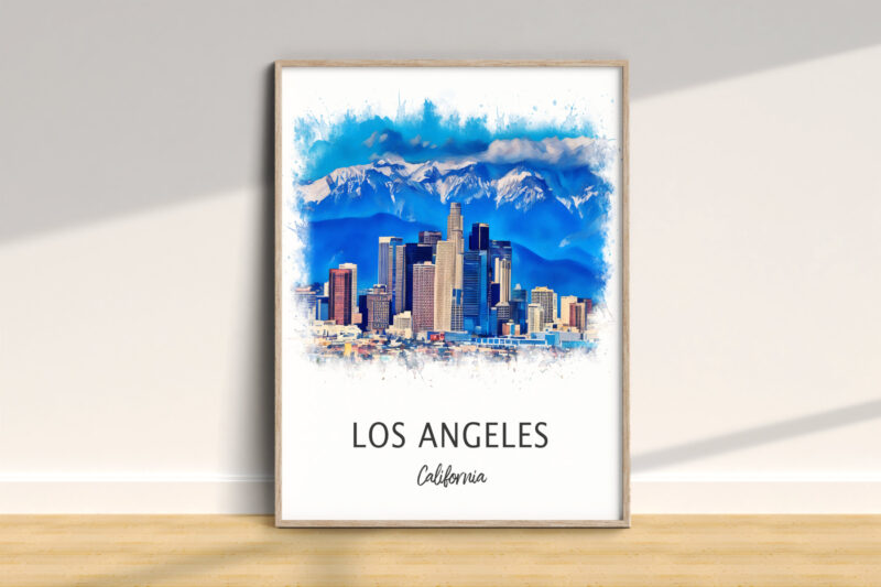 Los Angeles skyline watercolor painting, framed.