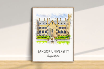 Bangor University building illustration, framed on wall.
