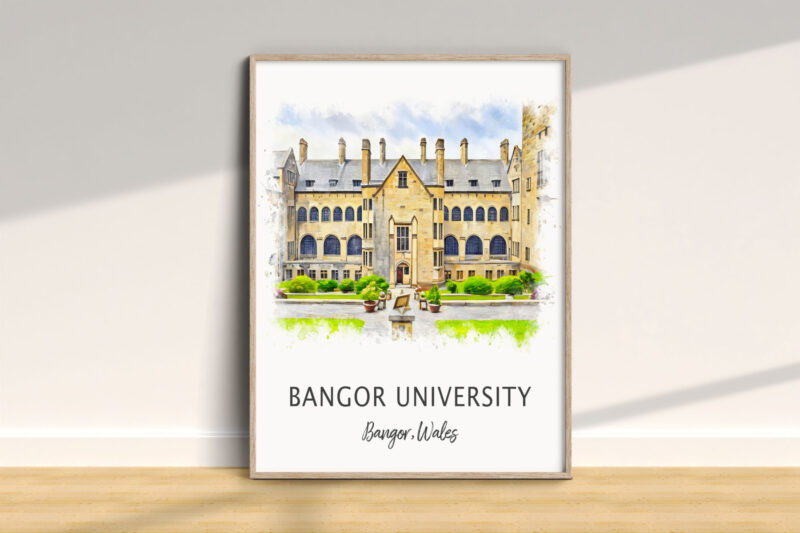 Bangor University building illustration, framed on wall.
