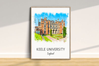 Keele University England watercolor painting on display.