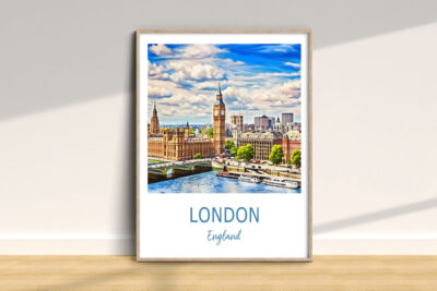 Illustrated London poster with Big Ben and Thames.