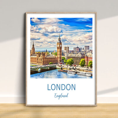 Illustrated London poster with Big Ben and Thames.
