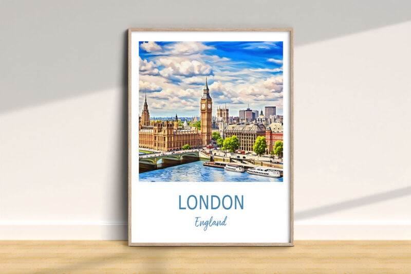 Illustrated London poster with Big Ben and Thames.