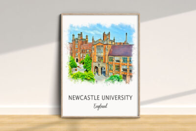 Framed watercolor of Newcastle University building.