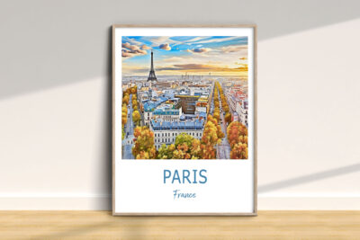 Framed Paris cityscape artwork with Eiffel Tower.