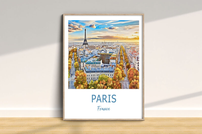 Framed Paris cityscape artwork with Eiffel Tower.