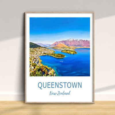 Framed Queenstown New Zealand landscape poster on wall.