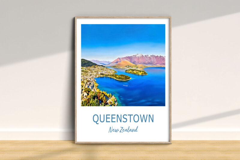 Framed Queenstown New Zealand landscape poster on wall.