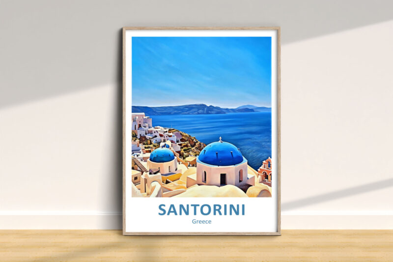 Santorini Greece scenic poster with blue domes