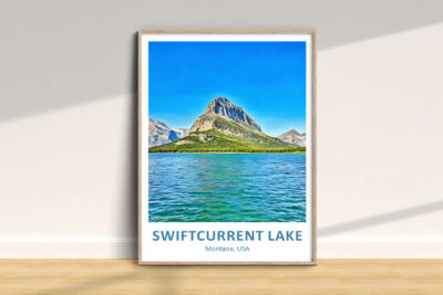 Framed Swiftcurrent Lake poster on display, Montana USA.