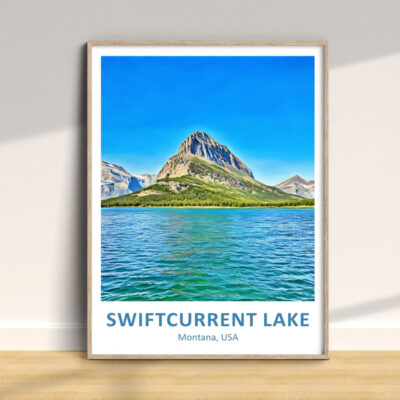 Framed Swiftcurrent Lake poster on display, Montana USA.