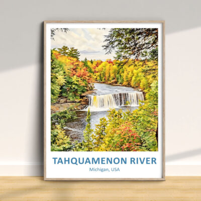 Autumn waterfall painting of Tahquamenon River, Michigan.