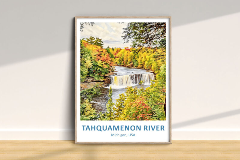 Autumn waterfall painting of Tahquamenon River, Michigan.