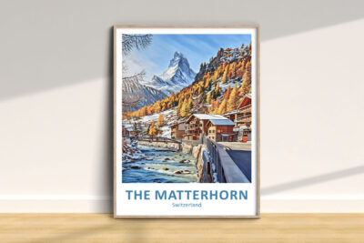 Matterhorn mountain painting in Swiss landscape.