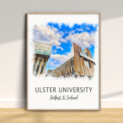 Ulster University Belfast campus watercolor artwork.