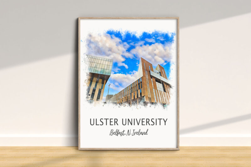 Ulster University Belfast campus watercolor artwork.