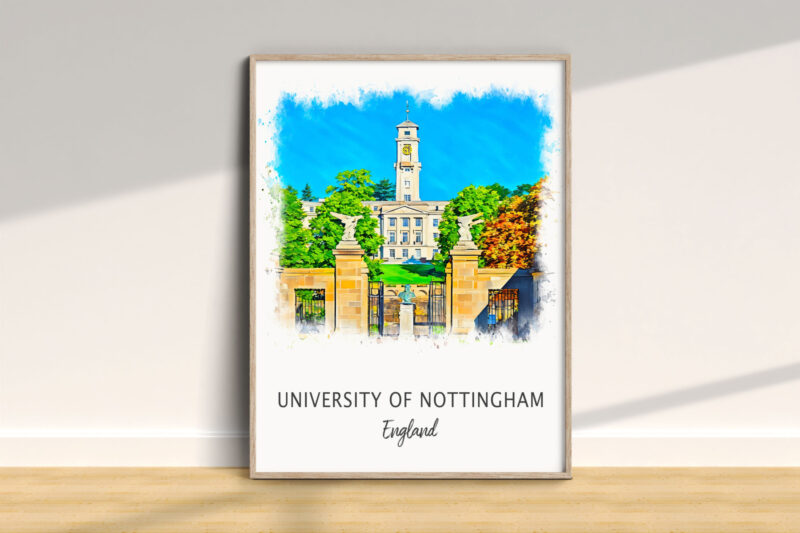 University of Nottingham watercolor illustration with trees.