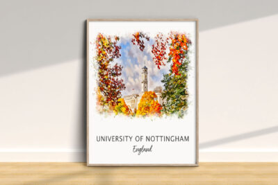 Nottingham University watercolor art with autumn foliage