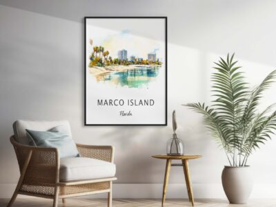 Living room with Marco Island poster and plant.