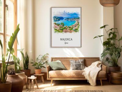 Cozy living room with Majorca Spain artwork.
